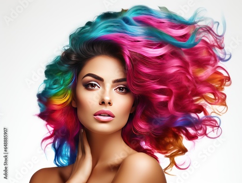 Indian Beauty with Stylish, Colorful Hair in Hair Product Ad, Reflecting Latest Trends and Bold Styles on White Background
