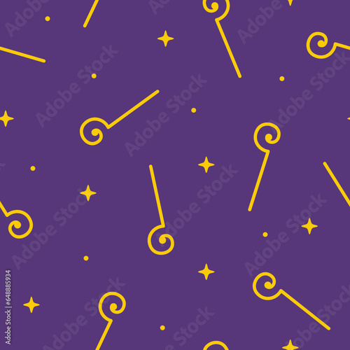 Seamless pattern with Sinterklaas's staff on dark purple background. Sint-Nicolaas or Saint Nicholas Day wallpaper. Dutch holiday celebration theme. Vector cartoon illustration.