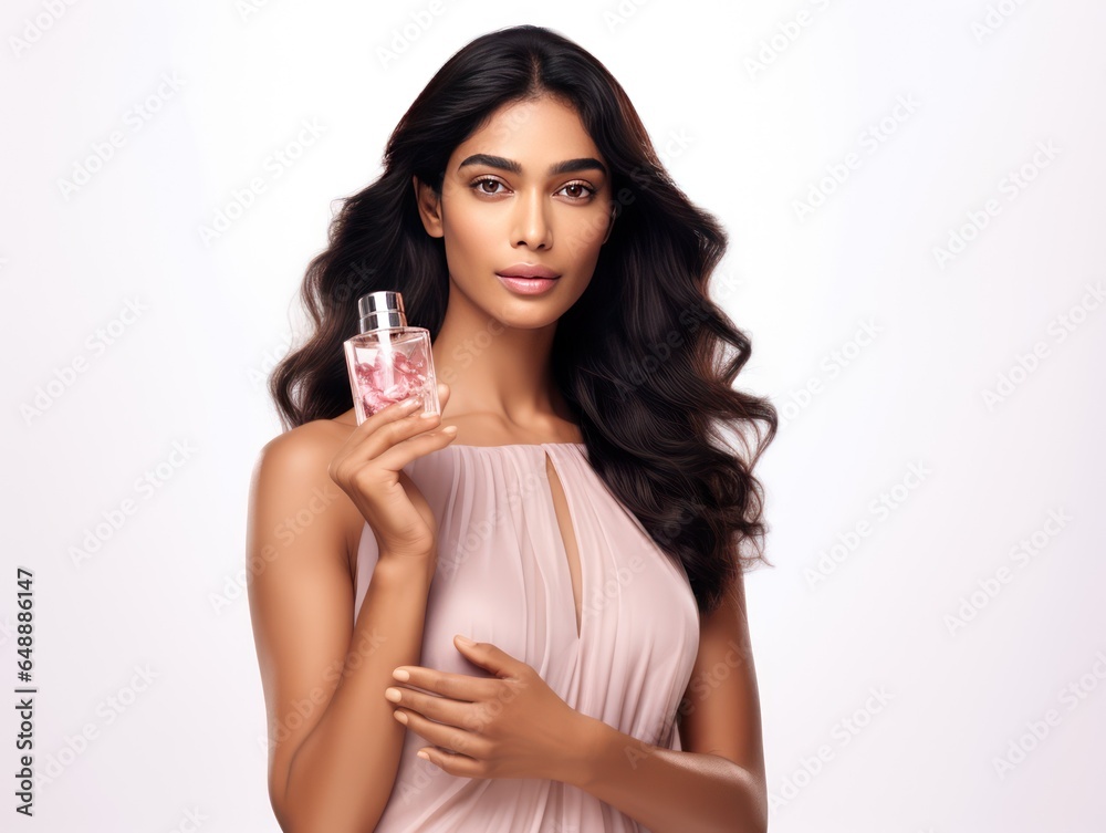 Indian Model Endorsing High-End Perfume in Fragrance Ad, White Background Indian Model Endorsing High-End Perfume in Fragrance Ad, White Background