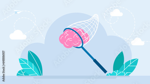 Butterfly net and brain. Catche butterfly net a person's brain. Intrusive thoughts. Manipulation of thinking by advertising. Propaganda. Using a trap for human views. Vector flat illustration