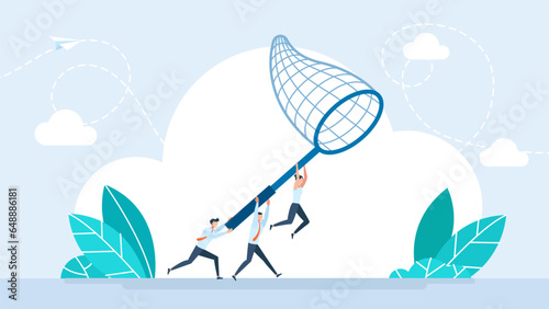 Tiny people with butterfly net. People catch business idea. Cartoon flat businessman team characters with butterfly net catching idea, teamwork in starting new project. Vector flat illustration. 