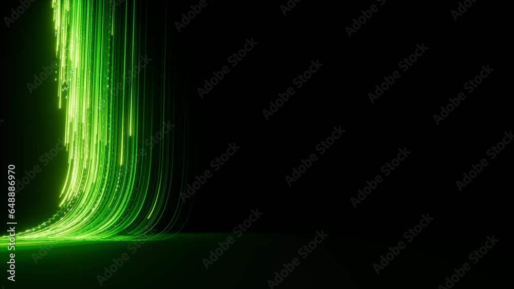 Abstract background of bright green neon rays and glowing lines flow down, move from right to the left and disappear. Looping animated background. Speed of light. Seamless loop animation