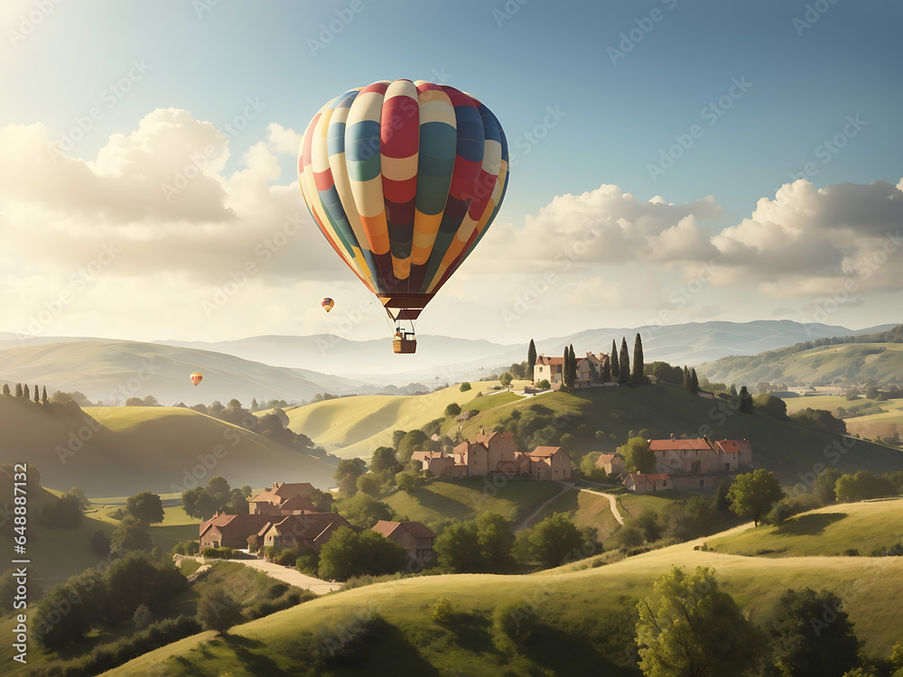 a dreamy and surreal scene of a hot air balloon drifting peacefully over a picturesque countryside, with rolling hills and charming villages below.