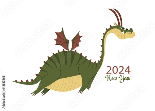 New Year 2024. Greeting card. Green wooden dragon. Symbol of the year. A cheerful dragon is flying. Congratulations on the holiday. Cool postcard.  Dinosaur with wings