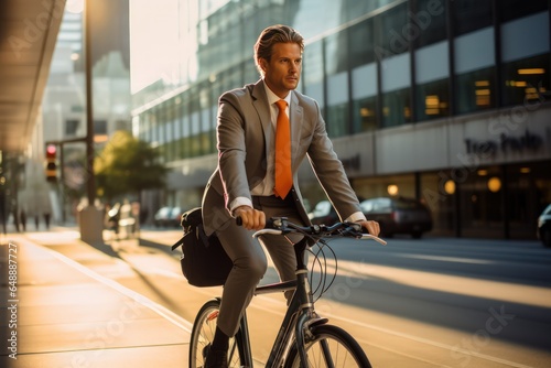 Smiling young Scandinavian man riding a bicycle on a road in a city street. Cycling commuter. Blured urban background.