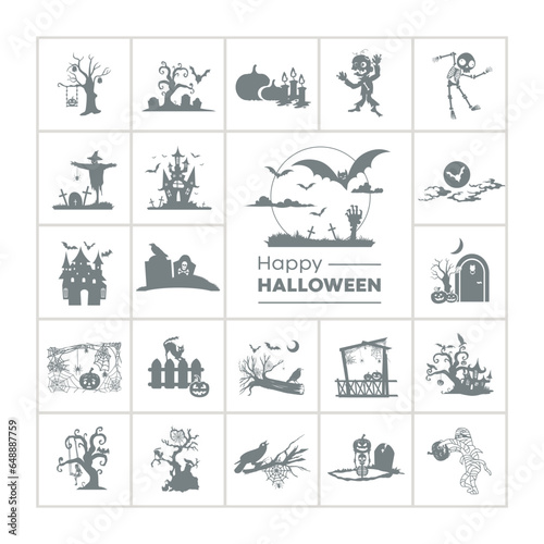 halloween icon concept set with cemetery  scary place and castle