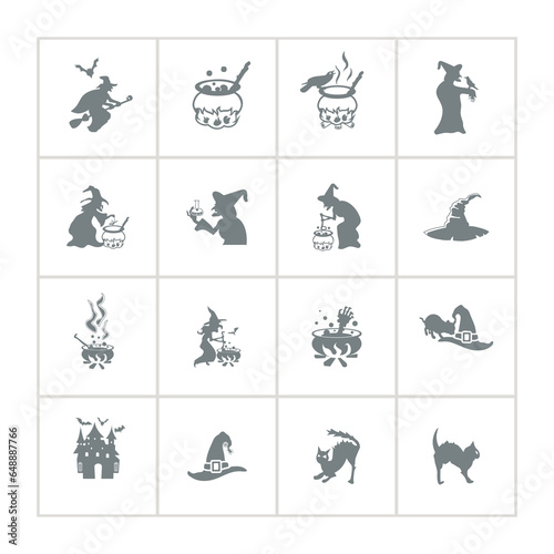 witch icon set with cauldron silhouette, cat, hat