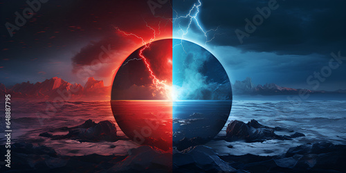 Blue and red magnet with lightning effect with North and south ocean at sunset. Sunset Sparks: Magnetism Over the North and South Ocean photo