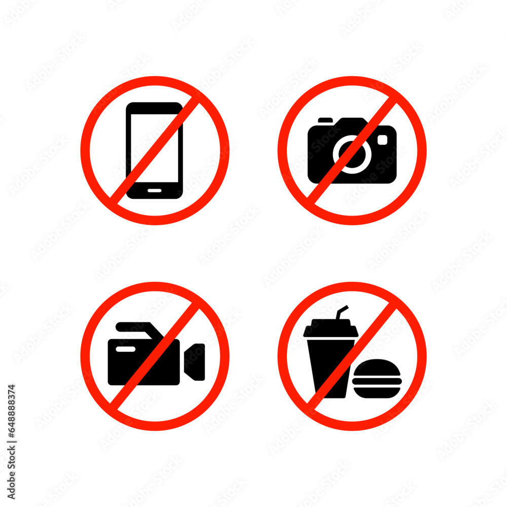 prohibition no camera, no mobile phone, no video recording, no food and drink signboard icon. flat style. Prohibited Stop fast food warning sign. vector illustration design on white background. EPS 10 prohibition no camera, no mobile phone, no video recording, no food and drink signboard icon. flat style. Prohibited Stop fast food warning sign. vector illustration design on white background. EPS 10