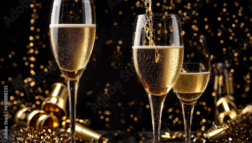 Beautiful glasses with champagne, bokeh, festive background