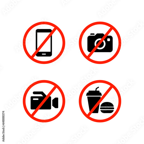 prohibition no camera, no mobile phone, no video recording, no food and drink signboard icon. flat style. Prohibited Stop fast food warning sign. vector illustration design on white background. EPS 10