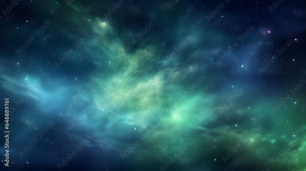 galaxy background in shades of blue and green with white one generative AI