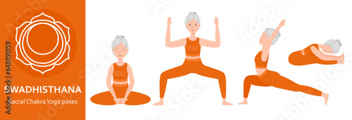 Sacral Chakra Yoga poses. Elderly woman practicing Swadhisthana Chakra Yoga asana. Healthy lifestyle. Flat cartoon character. Vector illustration