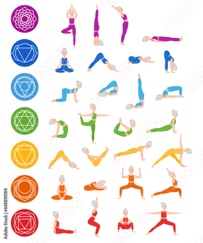 Set of poses elderly woman yoga. Chakra Yoga asana. Chakra systems of human body. Healthy lifestyle. Flat cartoon character. Vector illustration