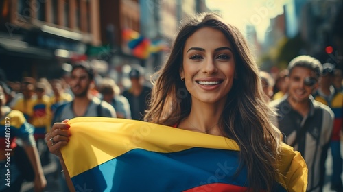 Colombian woman with colombian flag on him on the street photo
