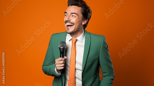 comedian with a microphone against a solid orange color background