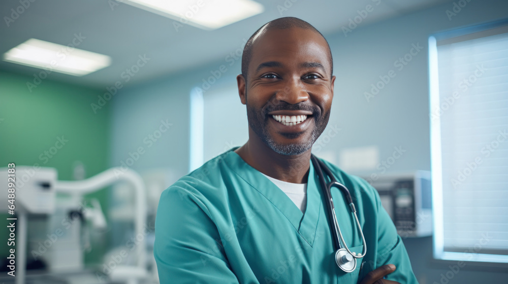 Warmth and expertise in a smiling aferican-american doctor's reassuring gaze to camera Warmth and expertise in a smiling aferican-american doctor's reassuring gaze to camera
