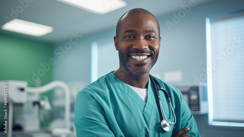 Warmth and expertise in a smiling aferican-american doctor's reassuring gaze to camera
