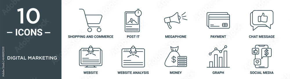 Vetor de digital marketing outline icon set includes thin line shopping ...