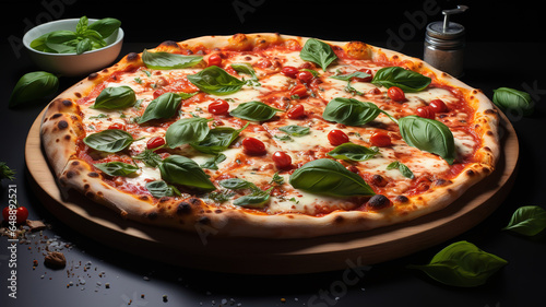 Italian pizza with chicken, salami, zucchini, tomatoes and herbs. Generative Ai