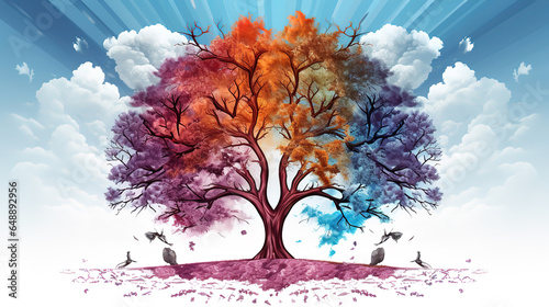 Illustration of the four temporal seasons one frame, one tree, Nature concept. Generative Ai photo