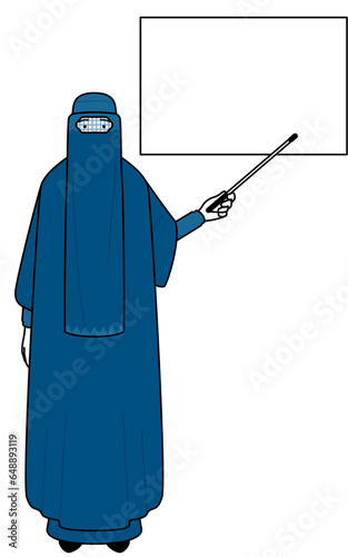 Muslim woman in burqa pointing at a whiteboard with an indicator stick.
