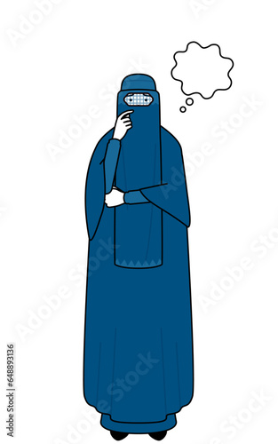 Muslim woman in burqa thinking while scratching her face.