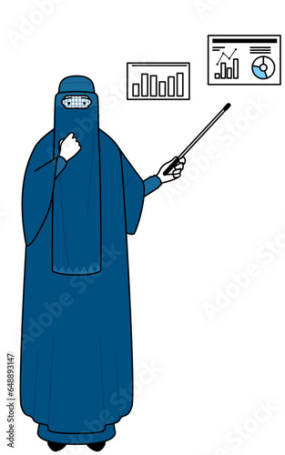 Muslim woman in burqa analyzing a performance graph.