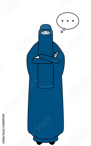 Muslim woman in burqa with crossed arms, deep in thought.