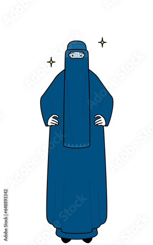 Muslim woman in burqa with her hands on her hips.