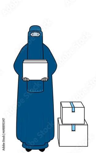 Muslim woman in burqa working to carry cardboard boxes