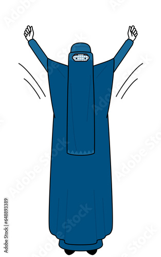 Muslim woman in burqa doing radio calisthenics, preparation for accident prevention