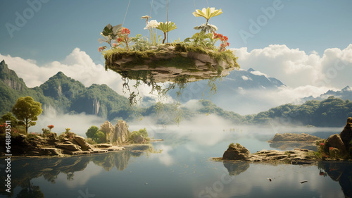 a captivating photo showcasing a floating island, with vibrant flora and fauna suspended in mid-air, defying the norms of gravity,  © alhaitham