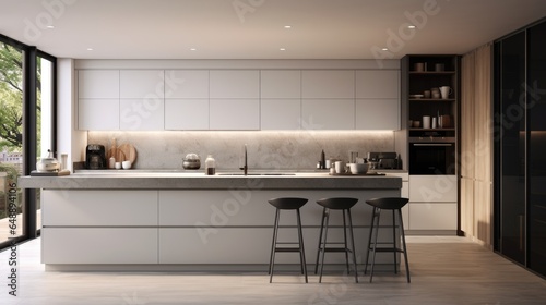 Front view of a modern designer kitchen with smooth handleless