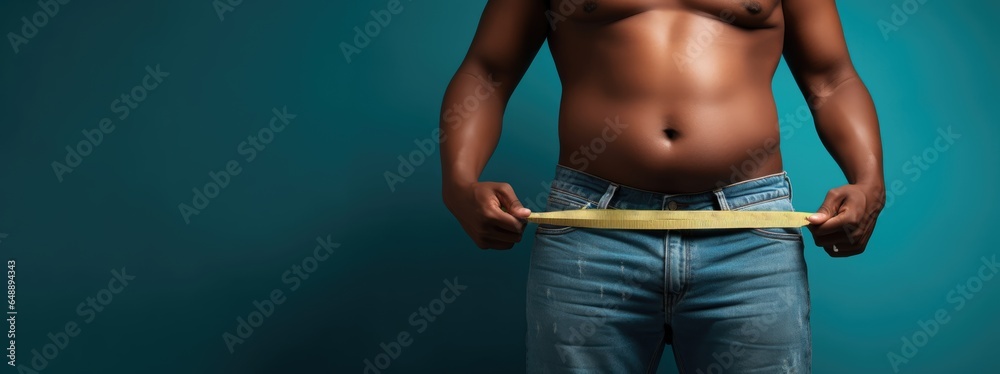 Young slim african american female in big jeans enjoy weight loss result with fat abstract body around - obrazy, fototapety, plakaty 