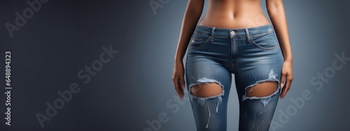 Young slim african american female in big jeans enjoy weight loss result with fat abstract body around