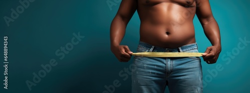 Young slim african american female in big jeans enjoy weight loss result with fat abstract body around photo
