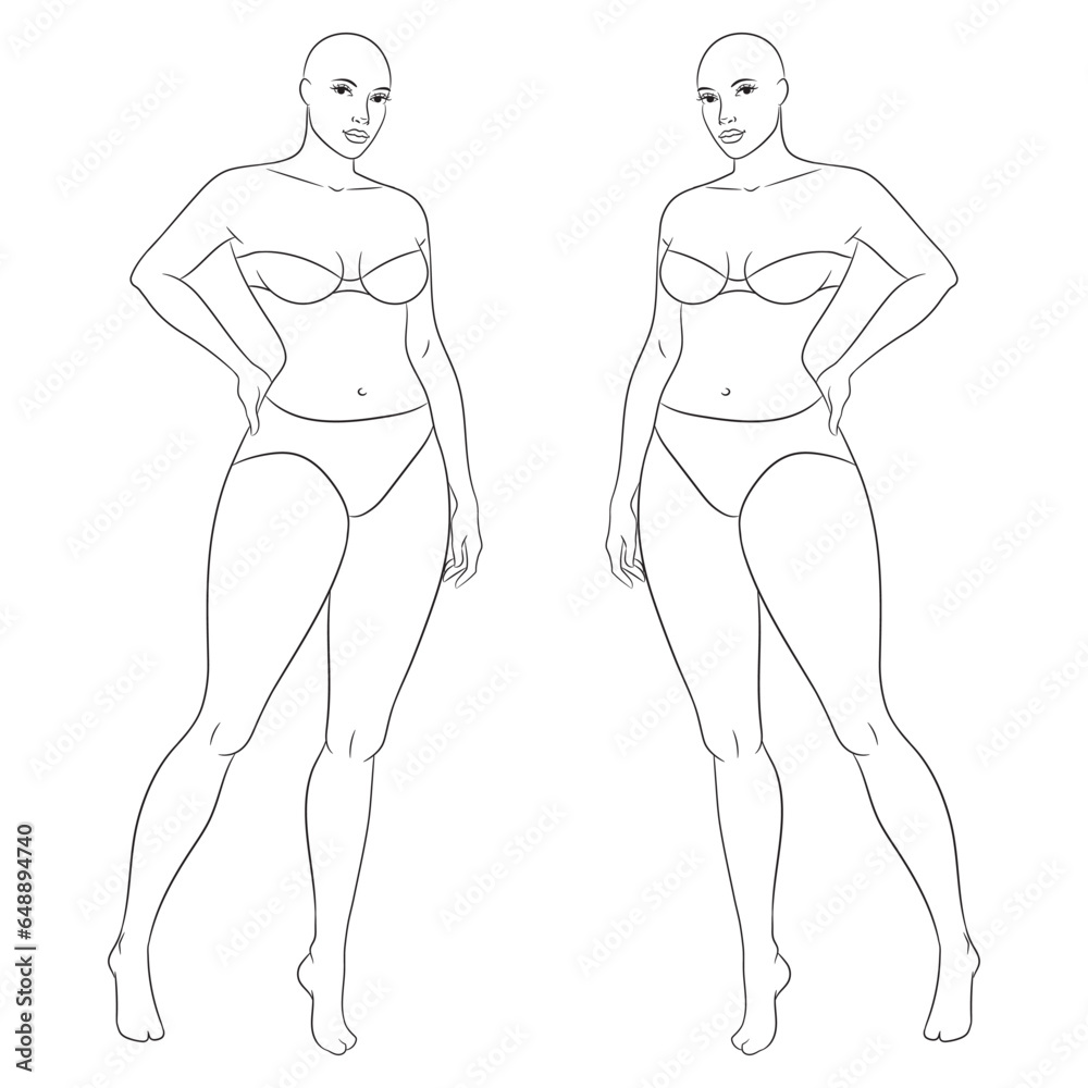Plus size female fashion figure posing, vector template. Curvy woman body vector line illustration. Curvy fashion model croqui. Plus size female fashion figure posing, vector template. Curvy woman body vector line illustration. Curvy fashion model croqui.