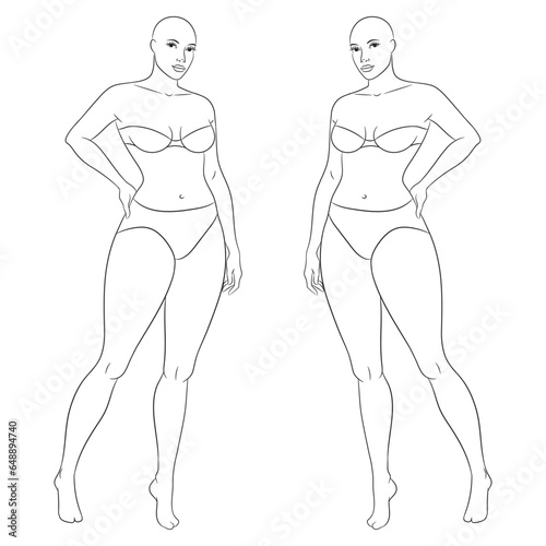 Plus size female fashion figure posing, vector template. Curvy woman body vector line illustration. Curvy fashion model croqui.