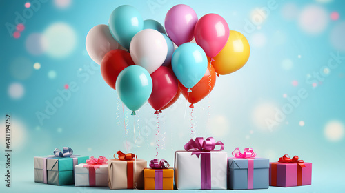Happy birthday poster with balloons and gift box background. Generative Ai © Mukhlesur