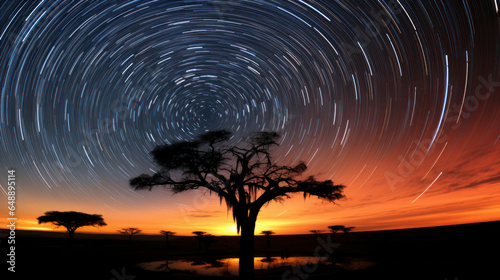Long exposure astrophotography of star trails in the night sky over a silhouette of trees during sunset.