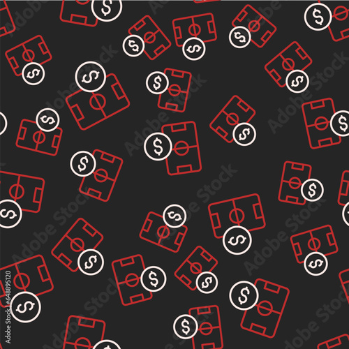 Line Soccer football betting money icon isolated seamless pattern on black background. Football bet bookmaker. Soccer betting online make money. Vector