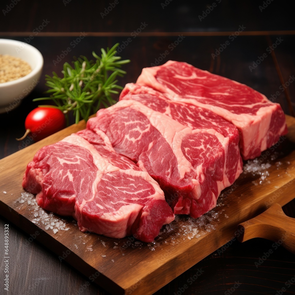 Raw beef on a wooden background, Fresh raw beef marbled steak. Raw beef on a wooden background, Fresh raw beef marbled steak.