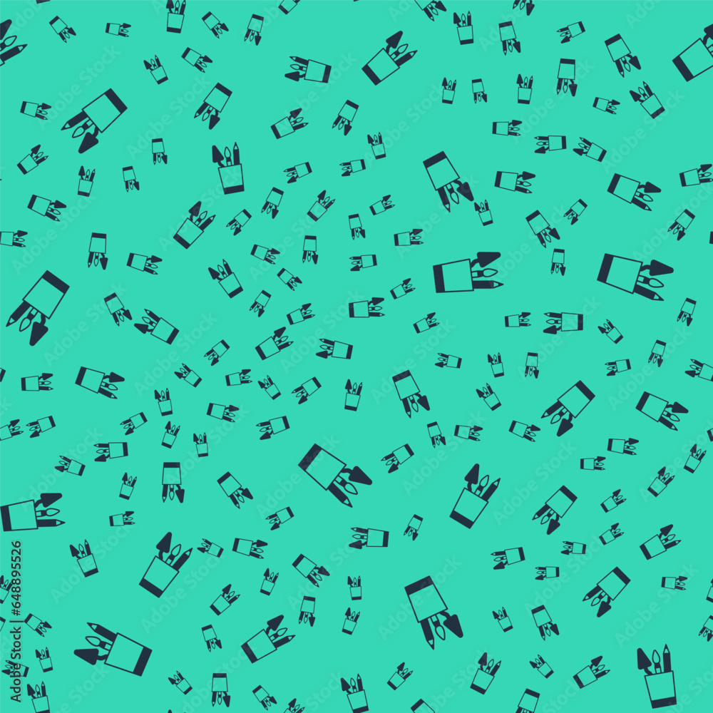 Black Pencil case stationery icon isolated seamless pattern on green background. Pencil, pen, ruler in a glass for office. Vector