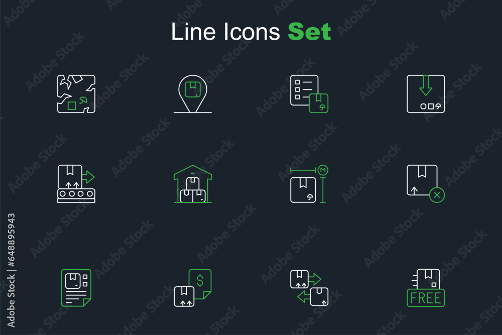Set line Cardboard box with free symbol, traffic, Waybill, Carton cardboard, measurement, Full warehouse and Conveyor belt icon. Vector Set line Cardboard box with free symbol, traffic, Waybill, Carton cardboard, measurement, Full warehouse and Conveyor belt icon. Vector
