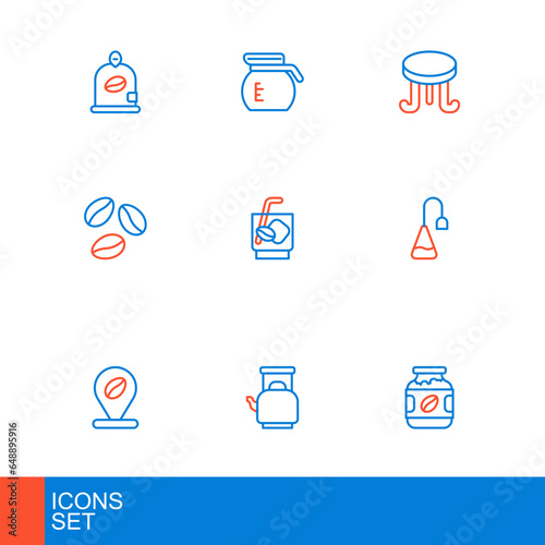 Set line Coffee jar bottle, Kettle with handle, Location coffee bean, Tea bag, beans, Espresso tonic, table and pot icon. Vector