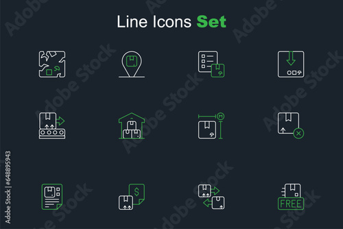 Set line Cardboard box with free symbol, traffic, Waybill, Carton cardboard, measurement, Full warehouse and Conveyor belt icon. Vector
