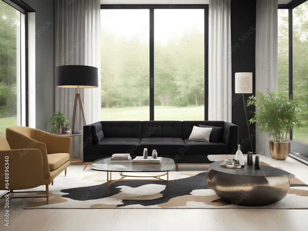 modern living room with black sofa modern living room with black sofa