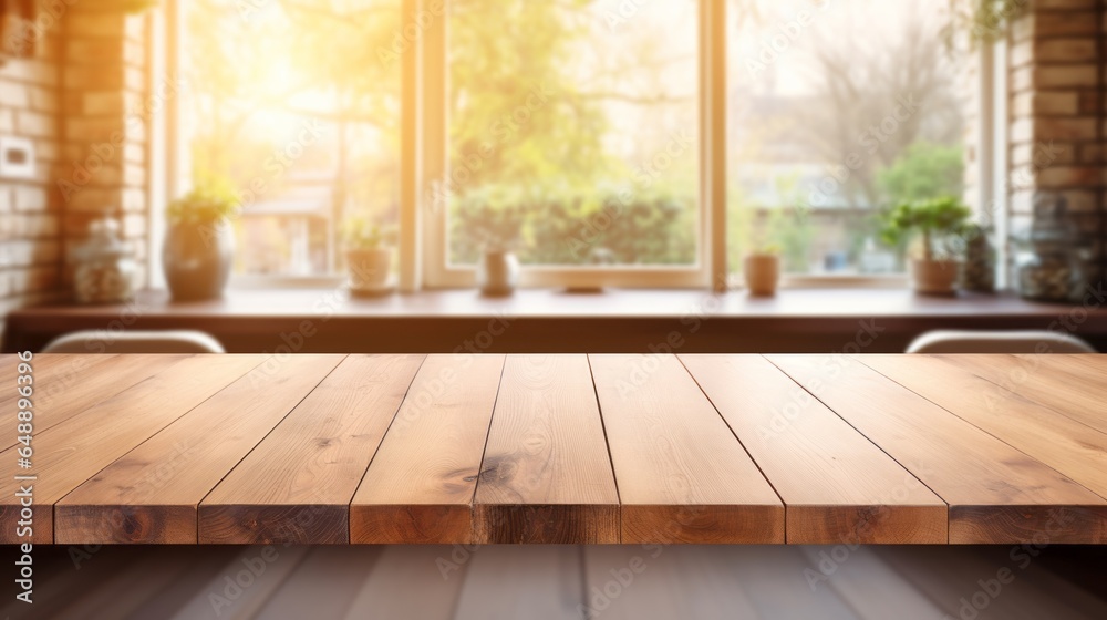 Wooden table on a blurred background of the kitchen window. Empty wooden table and blurred background in the kitchen Wooden table on a blurred background of the kitchen window. Empty wooden table and blurred background in the kitchen