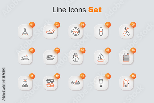 Set line Inflatable boat with motor, Spyglass telescope lens, Kayak and paddle, Nautical rope knots, Lighthouse, Striped sailor t-shirt, Yacht sailboat and icon. Vector